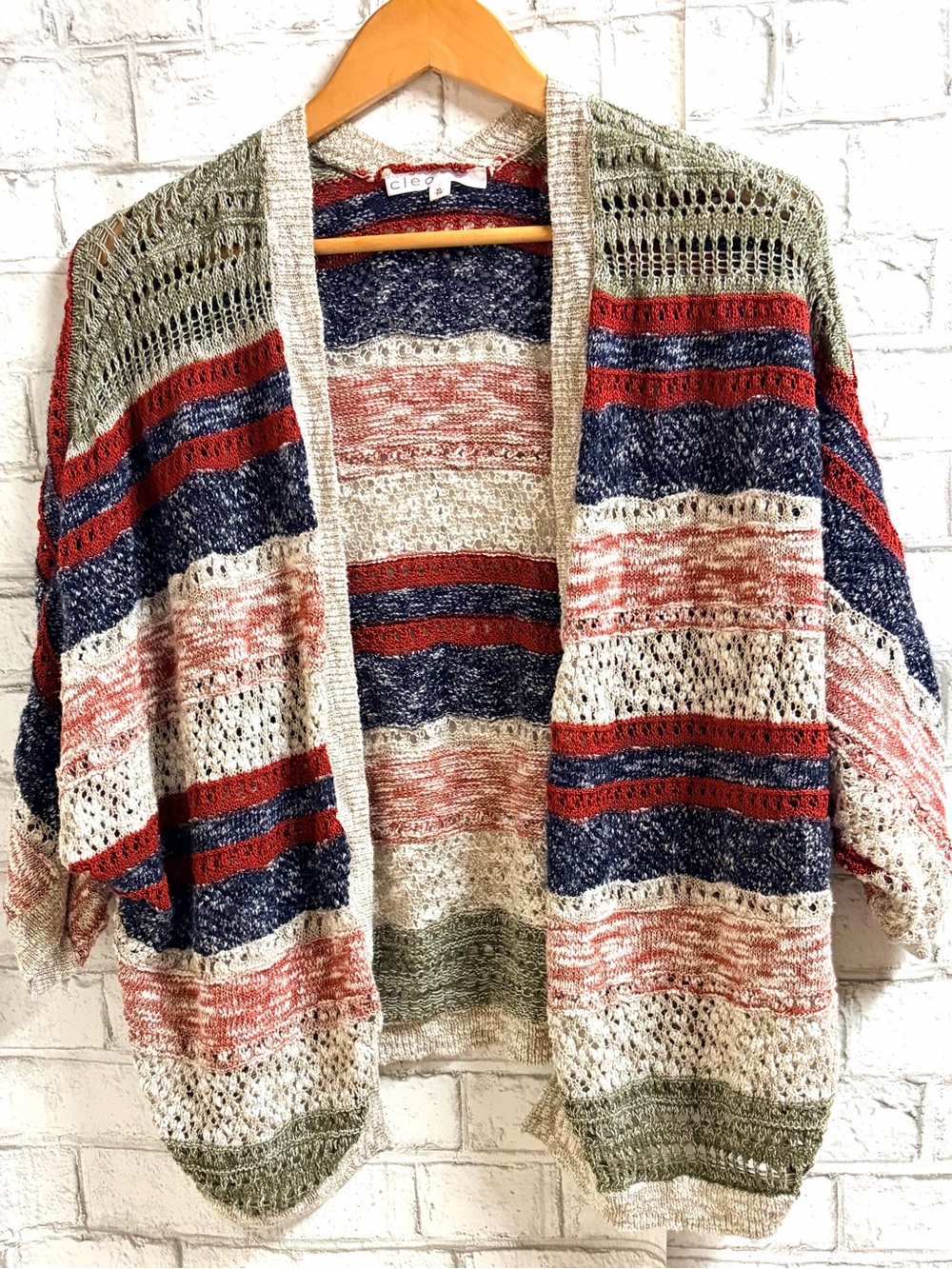 cleo Open-Front Striped Knit Cardigan in Navy, Red, Cream & Green